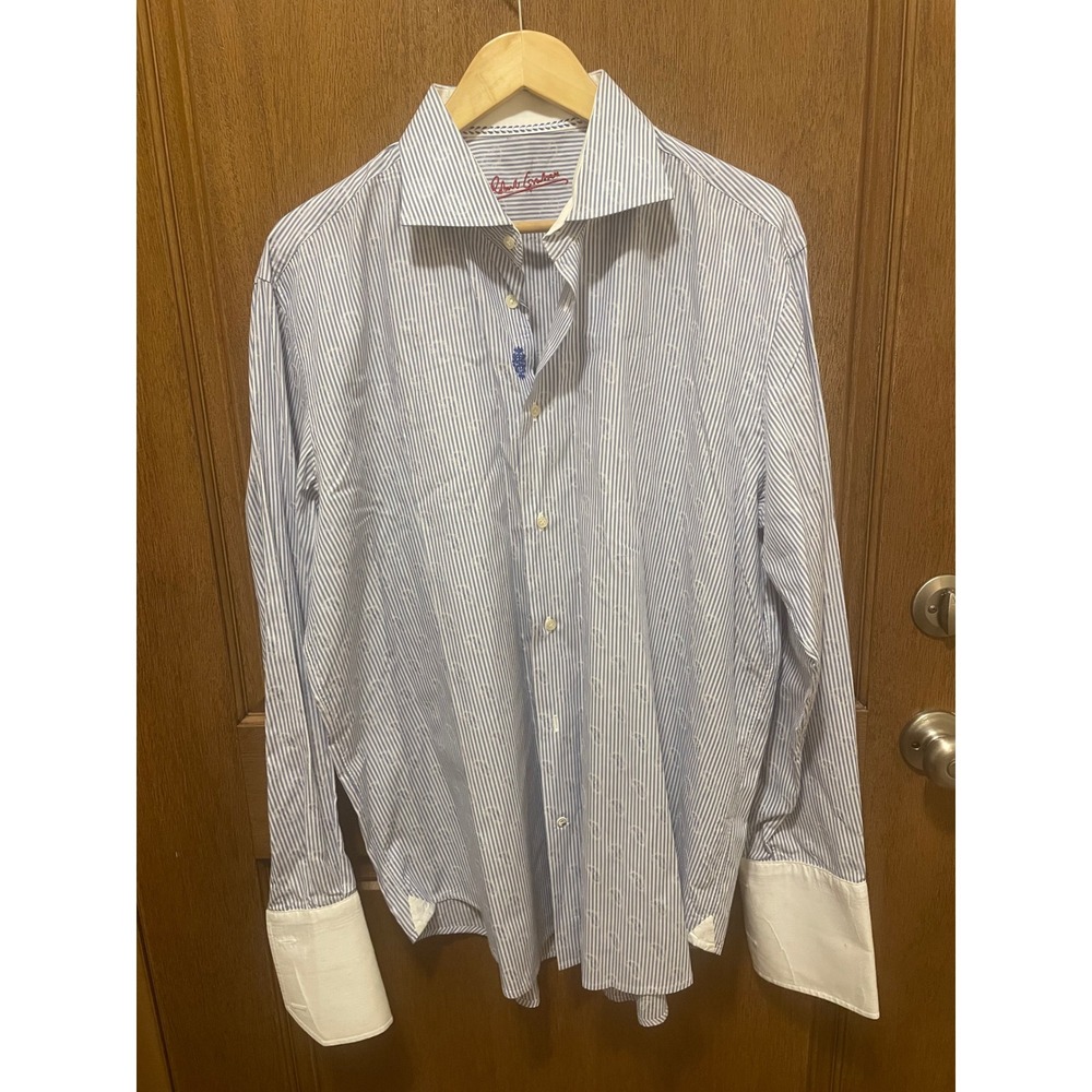 Robert Graham Mens Blue White Striped Paisley Jacquard Button Down Shirt 17.5 44